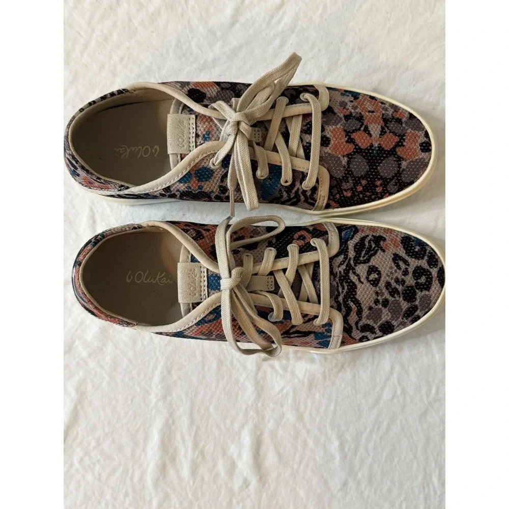 OluKai Womens Pehuea Li Leopard Print Textile Low Top Sneakers Multicolor Casual